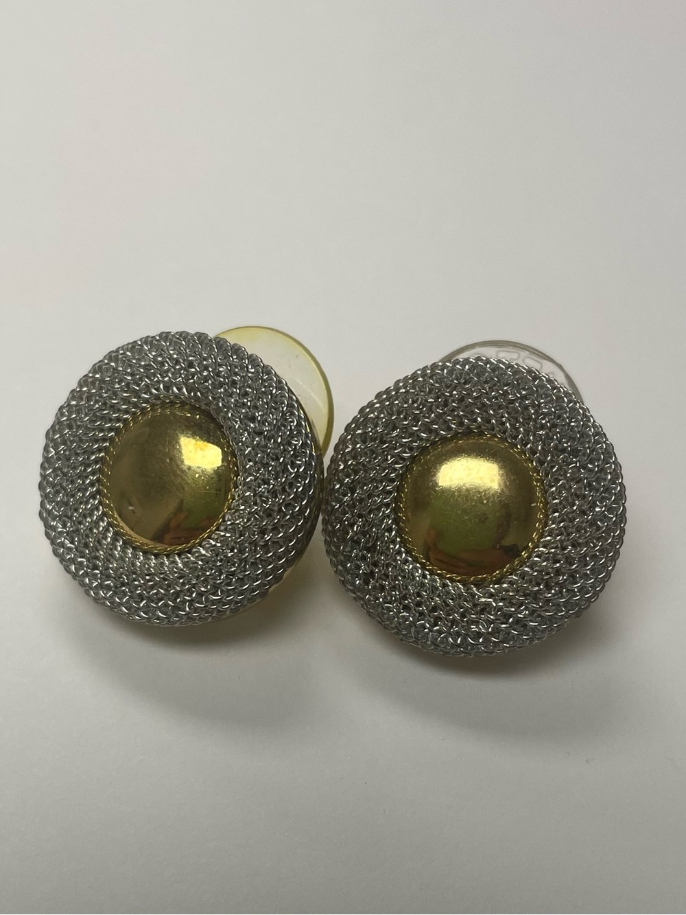 VTG Anne Klein Two Tone MCM Earrings Silver Tone Mesh & Gold Tone Central Dome